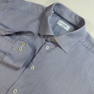 Eton Dress Shirt Men's 46 18‎ Blue Texture Signature Twill Cotton Button Up